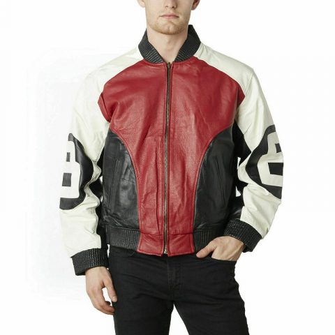 8 Ball Bomber White Black And Red Leather Jacket