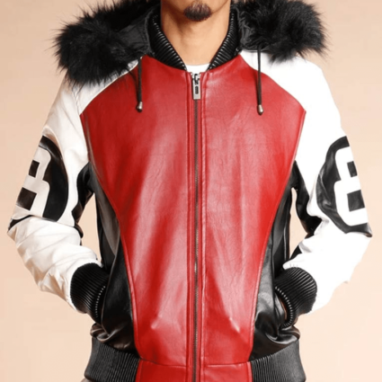 Mens 8 Ball Logo Fur Hooded Leather Jacket