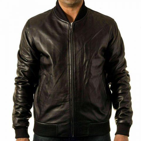 80s Style Black Fitted Bomber Leather Jacket