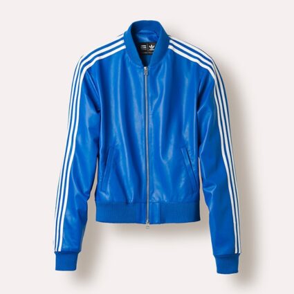 Blue Adidas X Pharrell Williams White Stripes In Sleeves Leather Jacket