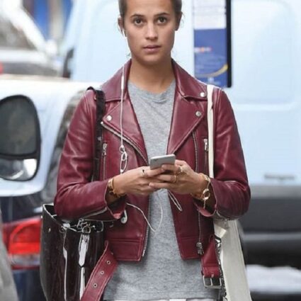 Alicia Vikander Stylish Maroon Leather Jacket