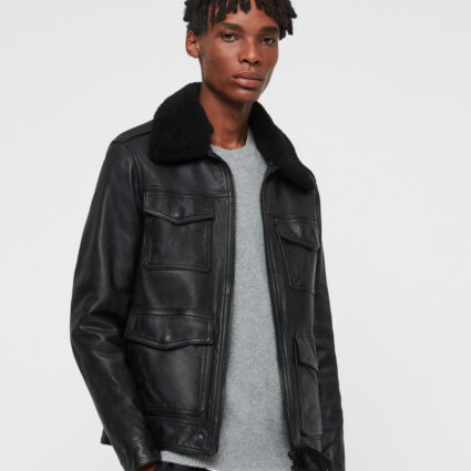 Allsaints Castle Black Shearling Collar Leather Jacket