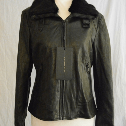 Womens Andrew Marc Cambridge Fur Trim Black Leather Jacket
