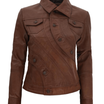 Womens Audrey Button Style Brown Moto Leather Jacket
