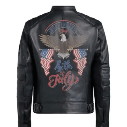 Printed Bald Eagle Mens Black Leather Jacket