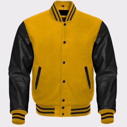 Baseball Yellow Wool And Genuine Black Leather Sleeves Jacket