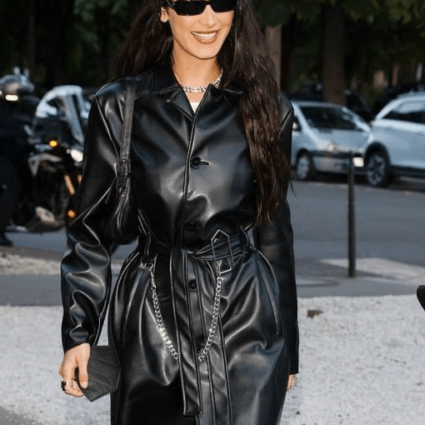 Bella Hadid Style Womens Black Leather Trench Coat