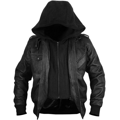 Black Genuine Motorcycle Leather Jacket Bomber Style Removable Hood Jacket