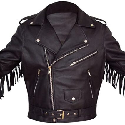 Men's Black Fringe Tasseled Black Leather Jacket