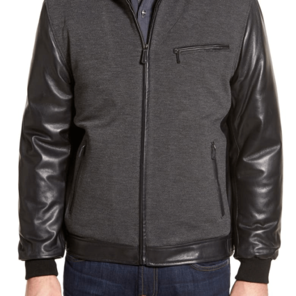 Mens Bugatchi Leather Jacket With Woven Front Panel