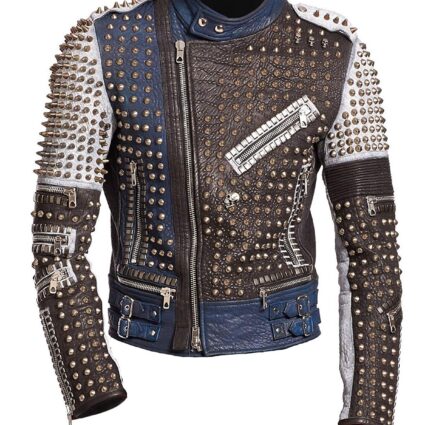 Cafe Racer Gold Studded Multicolored Punk Retro Biker Leather JacKet