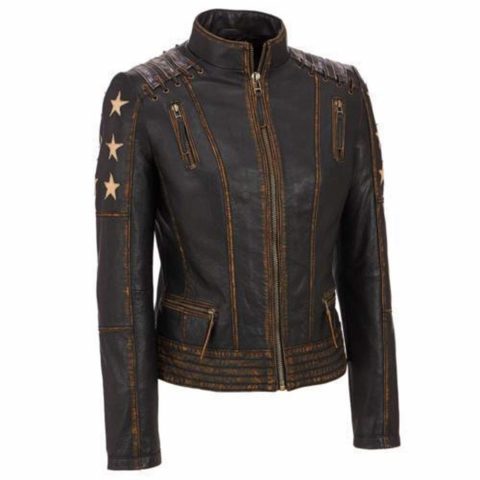 Café Racer Stars Biker Distressed Brown Moto Leather Jacket
