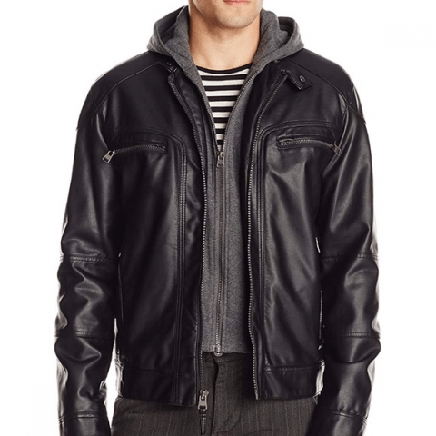 Men’s Ck Black Faux Leather Hooded Jacket