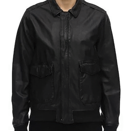 Covered Zipper Bomber Black Leather Jacket