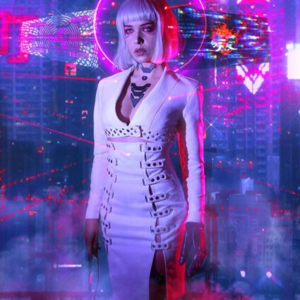 Cyberpunk Night City Neon Girl White Leather Jacket