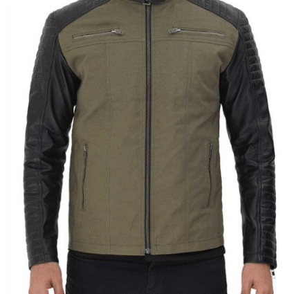 Darrell Black And Green Cotton Cafe Racer Leather Jacket