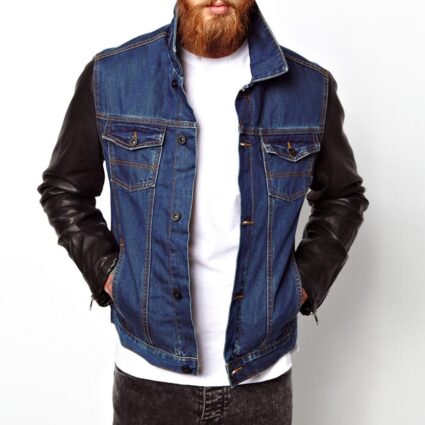 Men's Denim Jacket With Faux Leather Sleeve