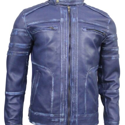 Distressed Blue Cafe Racer Biker Jacket