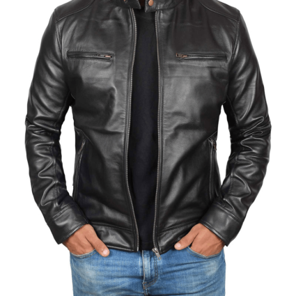 Mens Dodge Black Lambskin Biker Style Leather Jacket