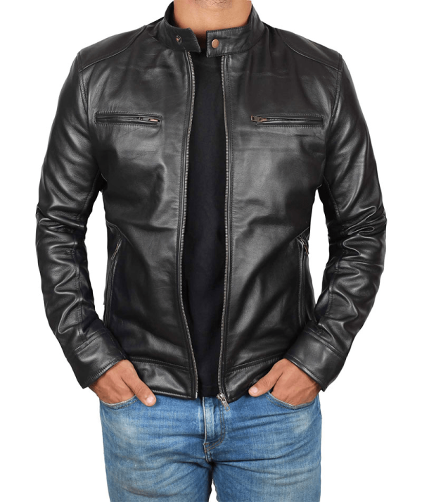 Mens Dodge Black Lambskin Biker Style Leather Jacket - A2 Jackets