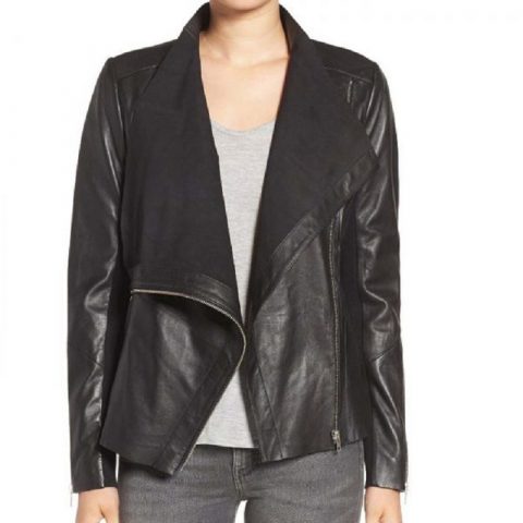 Drape Front Raw Edge Black Leather Jacket