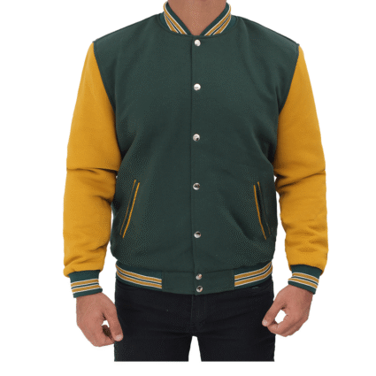 Duane Mens Green And Yellow Letterman Wool Jacket