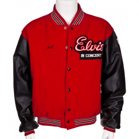 Mens Elvis In Concert Red Bomber Letterman Wool Jacket