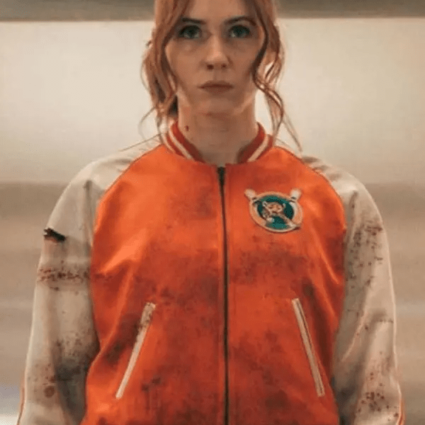 Womens Eva Gunpowder Milkshake Karen Gillan Orange Bomber Jacket