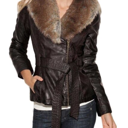 Faux Fur Collar Brown Leather Jacket