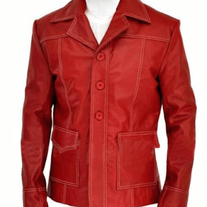 Mens Fight Club Brad Pitt Red Leather Coat