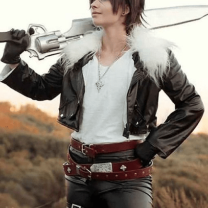 Final Fantasy 8 Black Squall Leonhart Leather Jacket Fur Collar