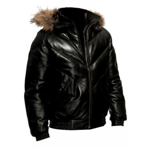 Mens Black Bomber Fur Hood Leather Jacket