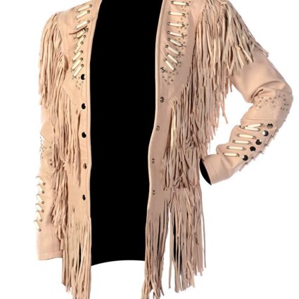 New Women Western with Fringes Beads and Bones Brown Suede Leather Jacket