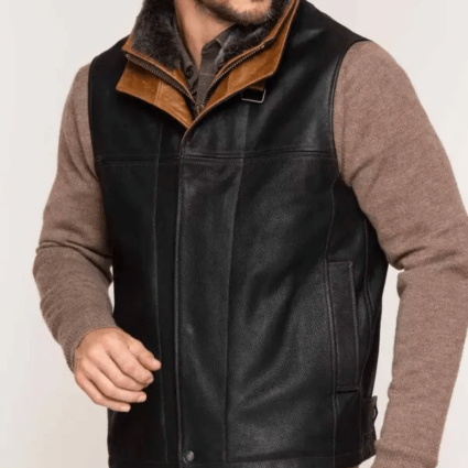 Men’s Goatskin Leather Merino Shearling Collar Black Vest