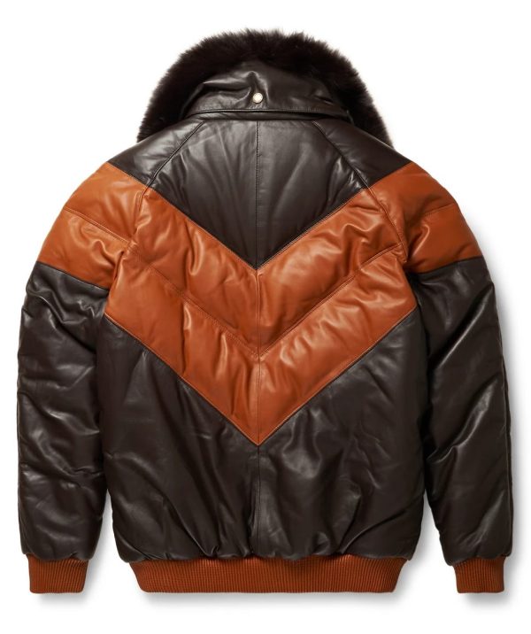 Goose Country V-bomber Fashion Two-tone Brown/tan Leather Jacket - Image 3