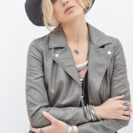 Womens Forever 21 Grey Biker Leather Jacket