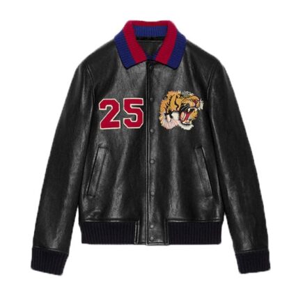 Gucci 25 Lion Logo Black Bomber Leather Jacket
