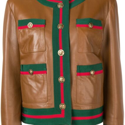 Gucci Web Trim Brown Leather Jacket