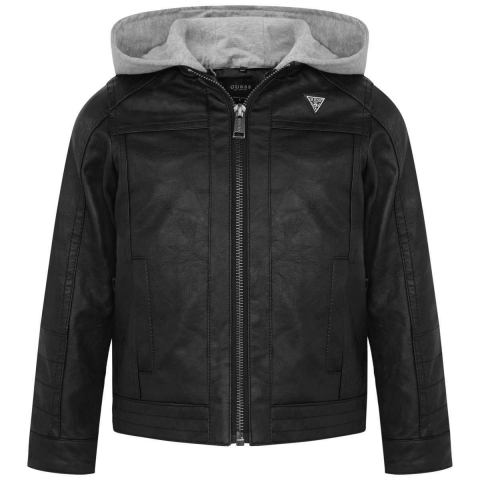Guess Boys Black Leather Hooded Jacket