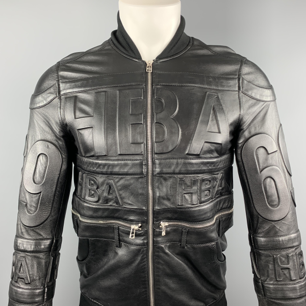 HOOD BY AIR Black Embossed Leather Hockey Bomber Jacket