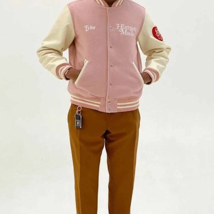 Mens I Know Nigo Pink And White Letterman Wool Jacket