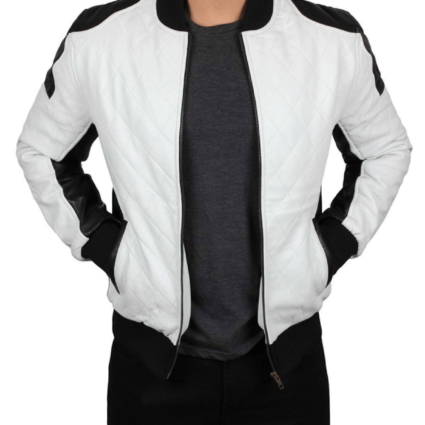 Mens Joliet Perforated White & Black Leather Jacket