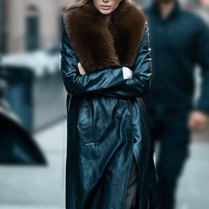 Kendall Jenner New York Street Black Leather Trench Coat