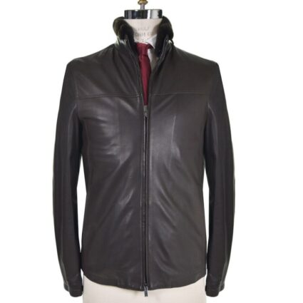 Kiton Mens Black Leather Jacket With Fur Collar