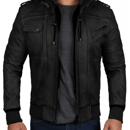 Mens Edinburgh Black Hooded Bomber Leather Jacket