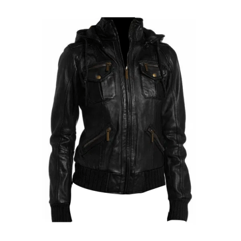 Womens Black Hooded Bomber Leather Jacket
