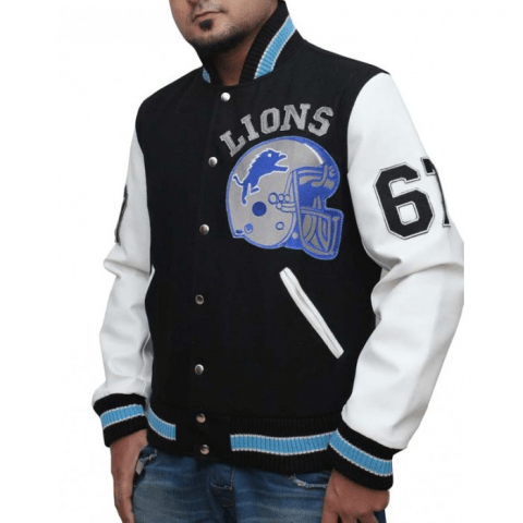 Black And White Mens Letterman Detroit Lions Leather Jacket
