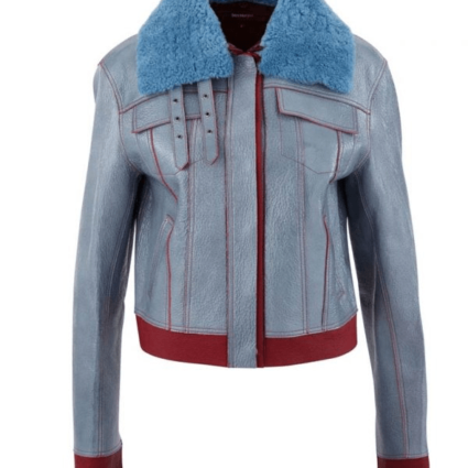 Sara Yang Blue Shearling Collar Love Life Zoe Chao Leather Jacket
