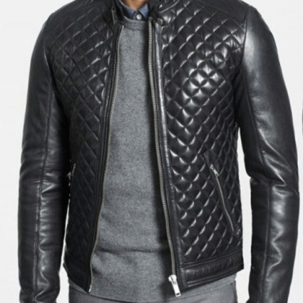 Mens Black Quilted Biker Leather Jacket