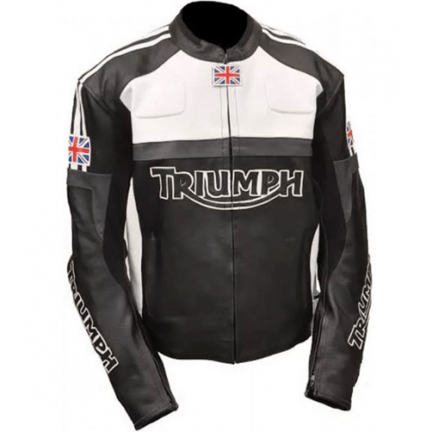 Racing Triumph Mens Motorcycle Black and White Leather Jacket